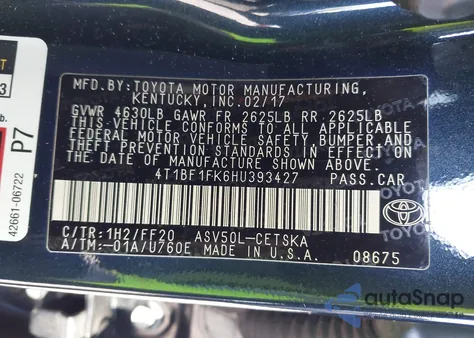 2017 Toyota Camry Se из США, поврежденный, VIN 4T1BF1FK6HU393427